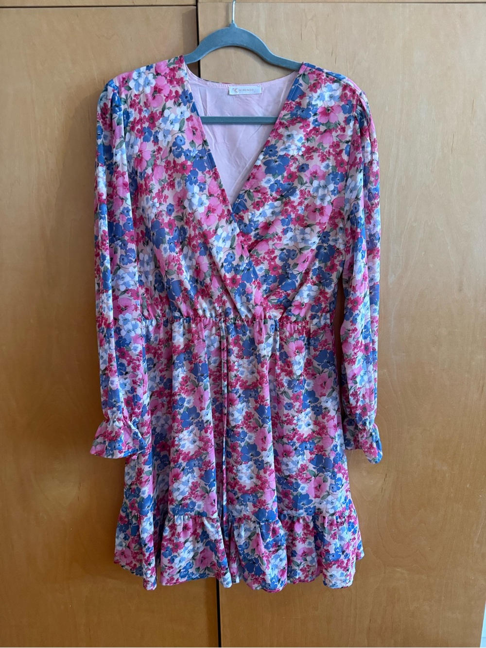Floral Pink Asymmetrical Wrap Dress with Ruffle Hem